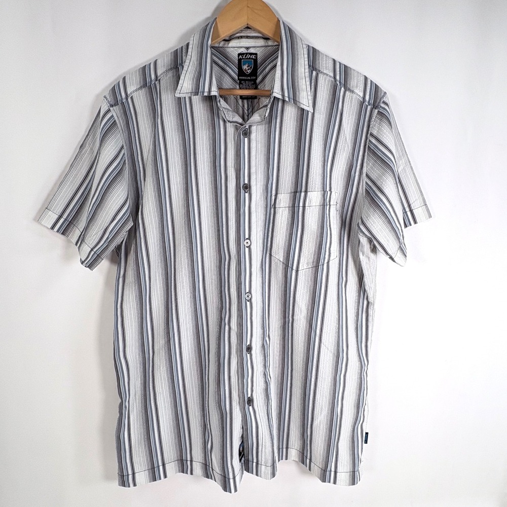 Kuhl Button Down Shirt‎ Gray Striped Recycled Polyester Organic Cotton Mens L